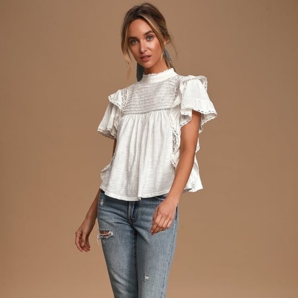 Free People Tops - NWT Free People Le Femme Tee Ivory Eyelet Trim XL